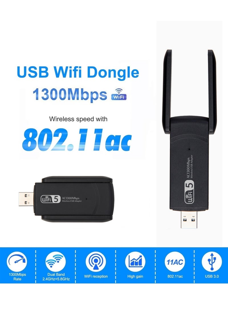 Wireless USB WiFi Adapter, 1300Mbps USB WiFi Dongle, 5.8GHz/2.4GHz 5dBi Dual Band Bluetooth USB 3.0 WiFi Dongle for PC/Desktop/Tablet/Laptop, Support Windows 11/10/8.1/8/7/XP/Vista, macOS 10.11-10.15 - Image 2