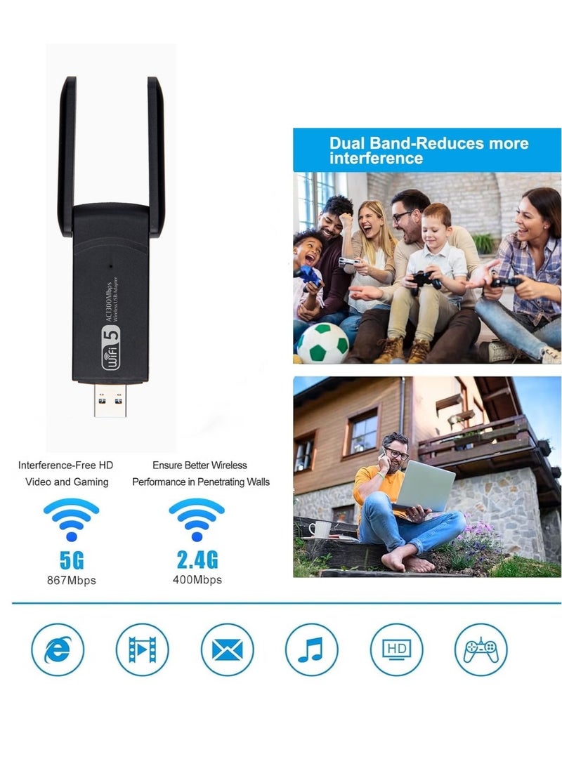 Wireless USB WiFi Adapter, 1300Mbps USB WiFi Dongle, 5.8GHz/2.4GHz 5dBi Dual Band Bluetooth USB 3.0 WiFi Dongle for PC/Desktop/Tablet/Laptop, Support Windows 11/10/8.1/8/7/XP/Vista, macOS 10.11-10.15 - Image 3