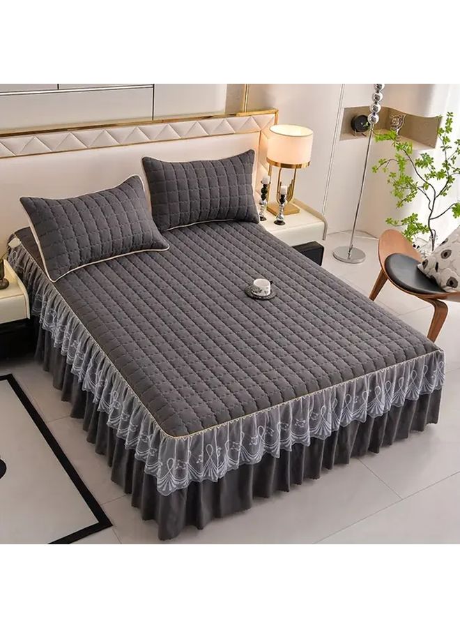 Dark Gray Bedding Set 3PCS Quilted Edge Bed Skirt Pillowcases Mattress Protector 47 24x78 74 - Image 1