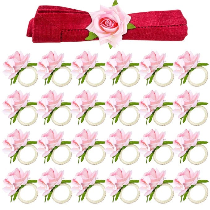 SET OF 24 FLOWER CHRISTMAS NAPKIN RINGS CHAMPAGNE ROSE NAPKIN RINGS HANDICRAFT PINK NAPKIN HOLDER WEDDING NAPKIN HOLDER TABLE DECORATION FOR MOTHER WEDDING BANQUET BIRTHDAY PARTY