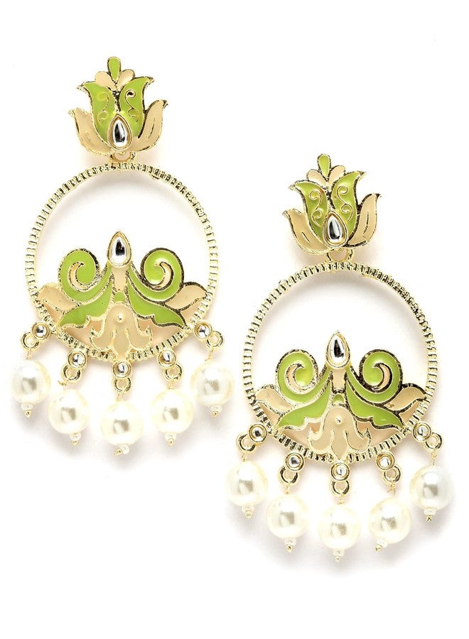 Karatcart Gold Plated Pearl Studded Light Green Meena Dangler Earrings for Women - Image 1