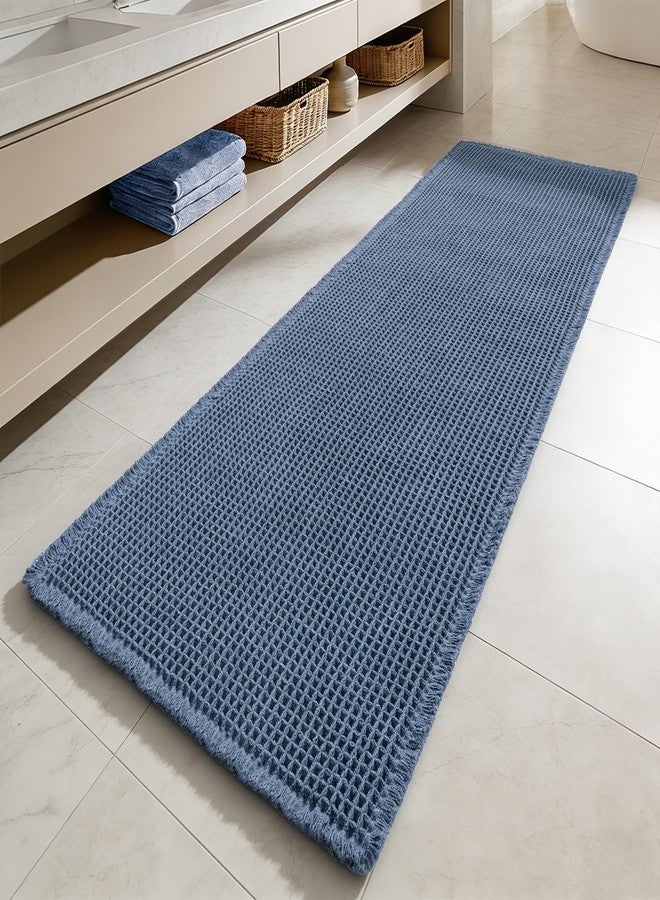 MIULEE Waffle Bathroom Runner Rugs, Super Absorbent Non Slip Bath Rug, Upgraded Soft Quick Dry Washable Boho Large Bath Mat with Tassels for Hallway Laundry Room Bedroom, 2'x5' (24"x60"), Blue - Image 1
