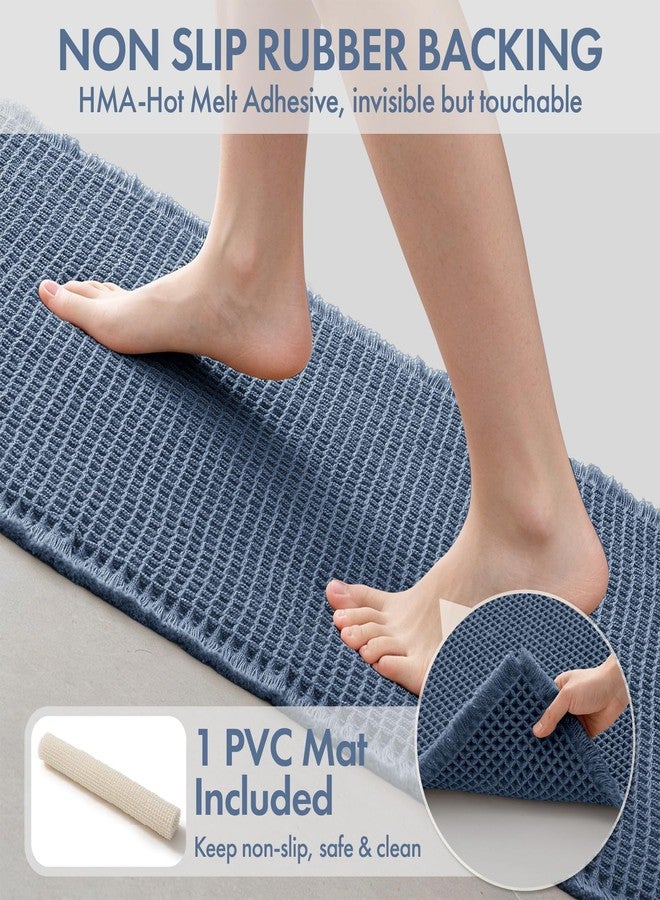 MIULEE Waffle Bathroom Runner Rugs, Super Absorbent Non Slip Bath Rug, Upgraded Soft Quick Dry Washable Boho Large Bath Mat with Tassels for Hallway Laundry Room Bedroom, 2'x5' (24"x60"), Blue - Image 3