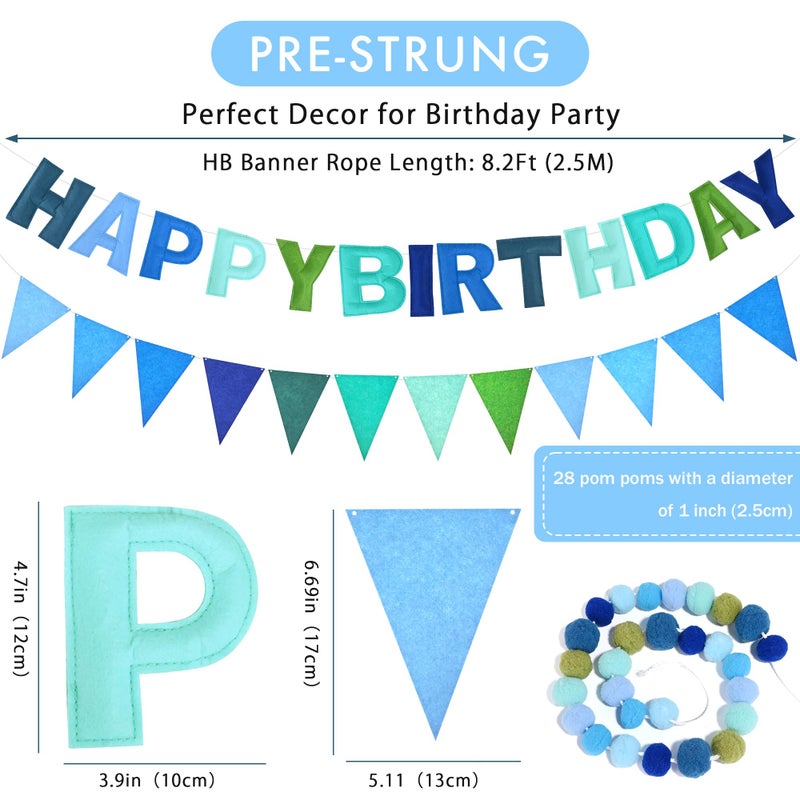 CANREVEL Pre-Strung 3D Rainbow Happy Birthday Banner, 3 PCS Happy Birthday Felt Sign, Pom Pom Garland, Triangle Fabric Bunting, Colorful Reusable Birthday Decorations for Women Men Girls Boys, Blue - Image 2