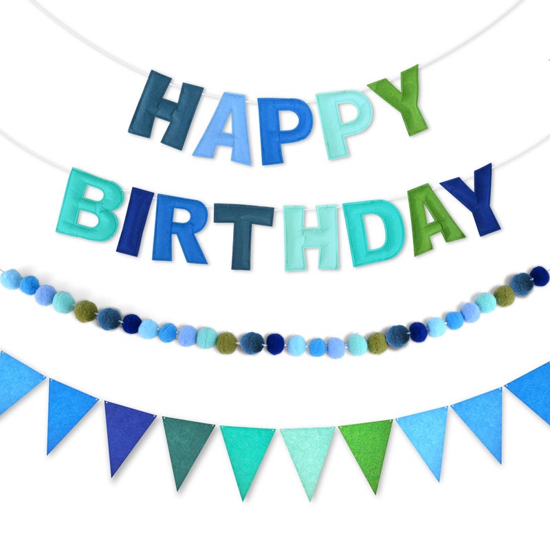 CANREVEL Pre-Strung 3D Rainbow Happy Birthday Banner, 3 PCS Happy Birthday Felt Sign, Pom Pom Garland, Triangle Fabric Bunting, Colorful Reusable Birthday Decorations for Women Men Girls Boys, Blue - Image 1