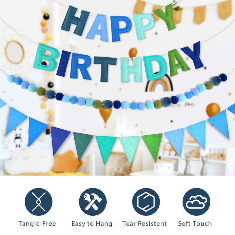 CANREVEL Pre-Strung 3D Rainbow Happy Birthday Banner, 3 PCS Happy Birthday Felt Sign, Pom Pom Garland, Triangle Fabric Bunting, Colorful Reusable Birthday Decorations for Women Men Girls Boys, Blue - Image 3