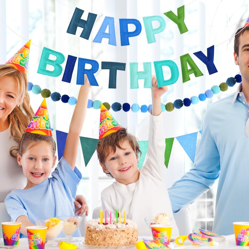 CANREVEL Pre-Strung 3D Rainbow Happy Birthday Banner, 3 PCS Happy Birthday Felt Sign, Pom Pom Garland, Triangle Fabric Bunting, Colorful Reusable Birthday Decorations for Women Men Girls Boys, Blue - Image 4