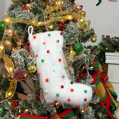 Hopearl Pom Pom Pleated Christmas Stocking Ruffle Lace Boho Style Sock Ultra Soft Dreamy Holder Ornament Luxury Gifts Bags for Family Xmas Tree Party Supplies Cream 18 - Image 3