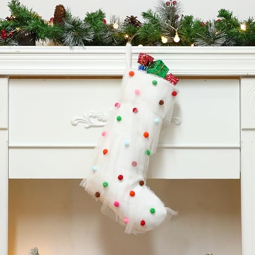 Hopearl Pom Pom Pleated Christmas Stocking Ruffle Lace Boho Style Sock Ultra Soft Dreamy Holder Ornament Luxury Gifts Bags for Family Xmas Tree Party Supplies Cream 18 - Image 1