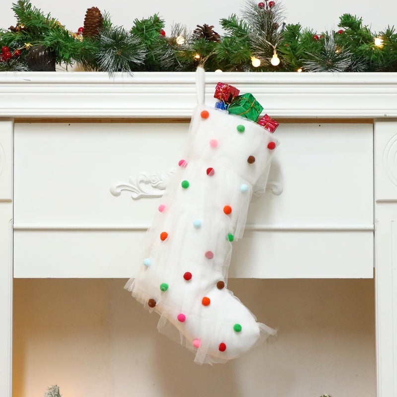 Hopearl Pom Pom Pleated Christmas Stocking Ruffle Lace Boho Style Sock Ultra Soft Dreamy Holder Ornament Luxury Gifts Bags for Family Xmas Tree Party Supplies Cream 18 - Image 2