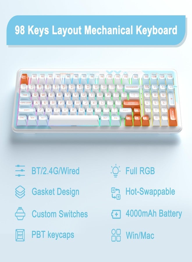 MageGee Creamy Mechanical Keyboard Cloud98 RGB Backlight Triple Mode 2.4GHz/BT/USB-C Wired Gaming Keyboard,Gasket Mounted PBT Material 98 Keys Hot-Swappable Keyboard (Wireless Sky Blue) - Image 2