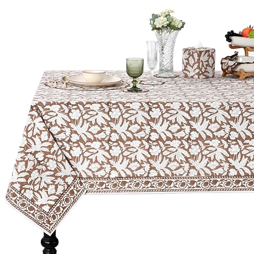 Ridhi Oak Brown Hand Block Print Cotton Rectangle Tablecloth 90 x 60 inches Reusable Table Cover Decorative Everyday Use for Dining Room Farmhouse Home Gift for Spring Mothers Day - Image 1