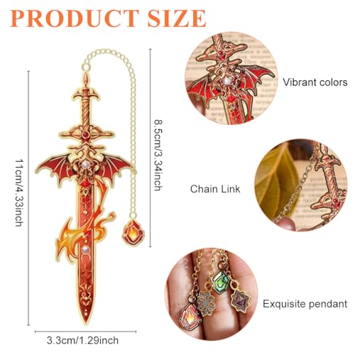 OFIFO® 4Pcs Retro Sword-Shaped Metal Bookmarks, 4 Colors Fantasy Style with Chain Pendant, Cool Reading Accessories & Gift for Students, Men, and Book Lovers - Image 2