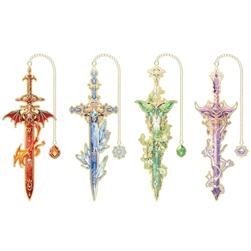 OFIFO® 4Pcs Retro Sword-Shaped Metal Bookmarks, 4 Colors Fantasy Style with Chain Pendant, Cool Reading Accessories & Gift for Students, Men, and Book Lovers - Image 1