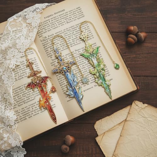 OFIFO® 4Pcs Retro Sword-Shaped Metal Bookmarks, 4 Colors Fantasy Style with Chain Pendant, Cool Reading Accessories & Gift for Students, Men, and Book Lovers - Image 4