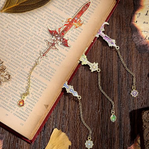 OFIFO® 4Pcs Retro Sword-Shaped Metal Bookmarks, 4 Colors Fantasy Style with Chain Pendant, Cool Reading Accessories & Gift for Students, Men, and Book Lovers - Image 5