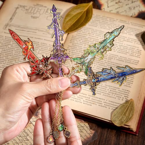 OFIFO® 4Pcs Retro Sword-Shaped Metal Bookmarks, 4 Colors Fantasy Style with Chain Pendant, Cool Reading Accessories & Gift for Students, Men, and Book Lovers - Image 3