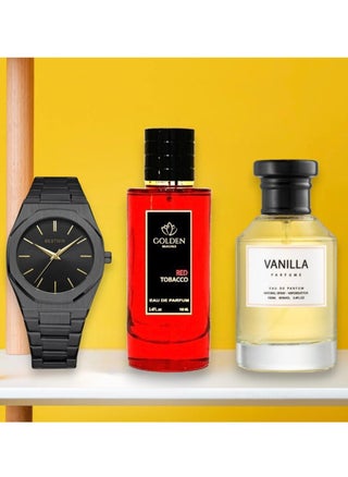 Two perfumes with a watch with a black strap and a black gold dial