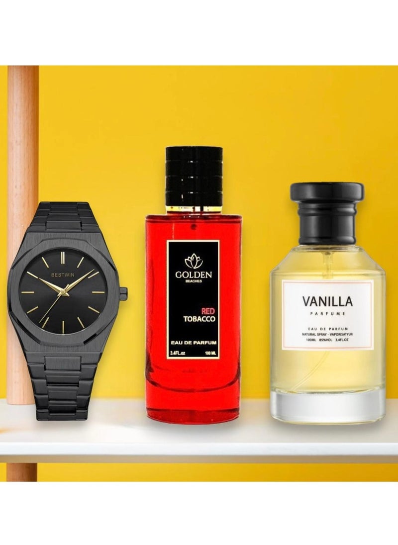 Bestwin A luxurious gift set consisting of a men's slim watch inspired by the famous D1 Milano watches, and two unisex Vanilla and Red Tupac perfumes for unisex inspired by Mancera perfumes with high stabilit  - Image 1