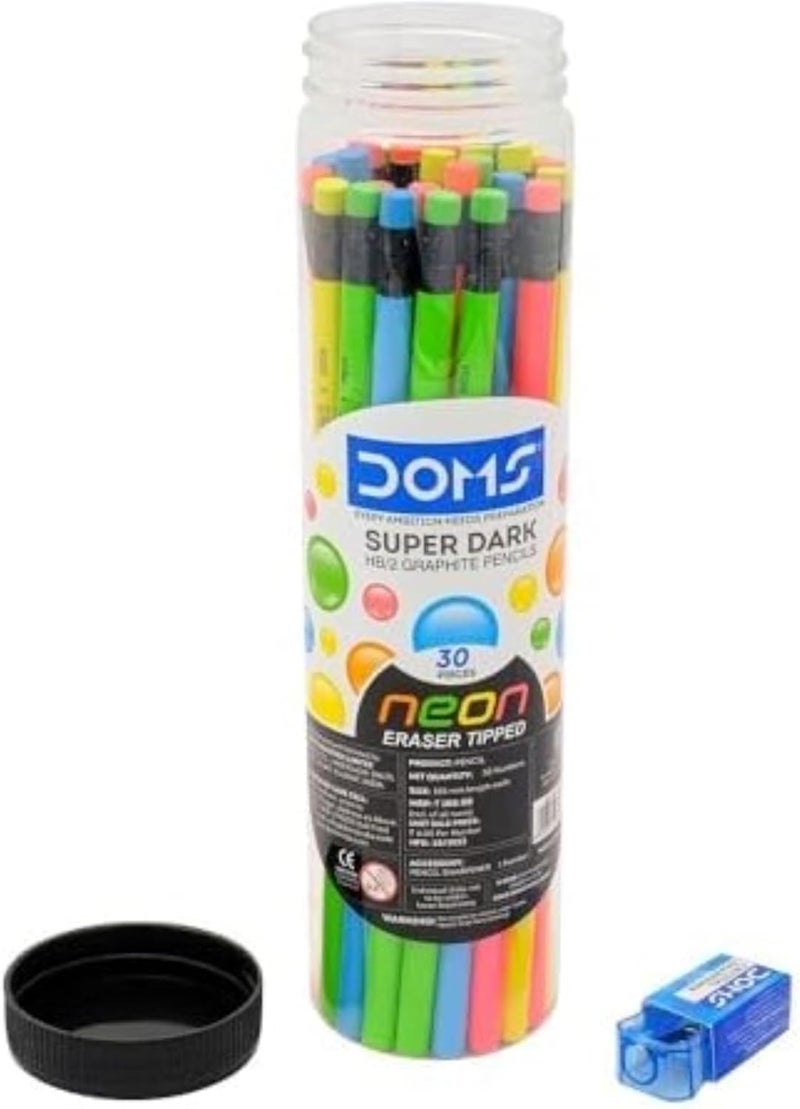 Doms Neon Rubber Tipped HB/2 Graphite Pencil Set - Jar Pack, 30 Pieces with Sharpener, Eraser & Scale - Image 3