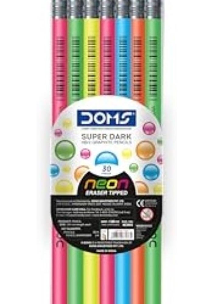 Doms Neon Rubber Tipped HB/2 Graphite Pencil Set - Jar Pack, 30 Pieces with Sharpener, Eraser & Scale - Image 1