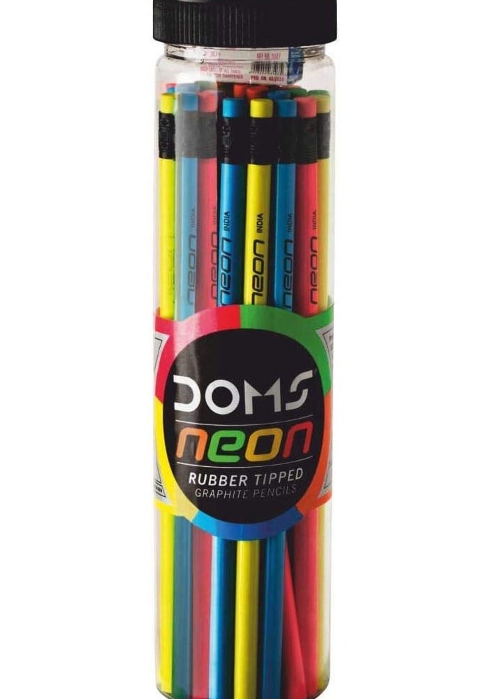 Doms Neon Rubber Tipped HB/2 Graphite Pencil Set - Jar Pack, 30 Pieces with Sharpener, Eraser & Scale - Image 4