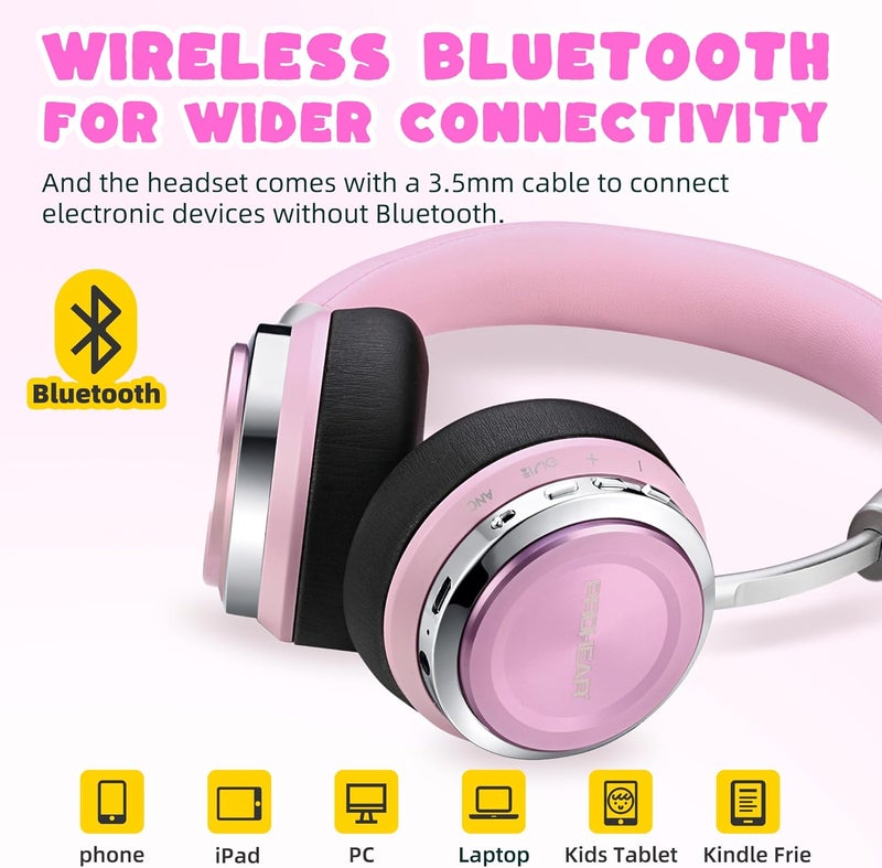 PROHEAR 010 Pro Kids Bluetooth Headphones, Wireless Active Noise Cancelling, 80H Playtime, Safe Volume 85dB, Hi-Fi Audio, Over-Ear, Built-in Mic for iPad/Tablet/Airplane - Pink - Image 4