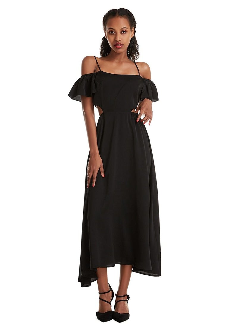 Loquat Women's Solid Color Flounce Long Slip Dress Black - Image 1