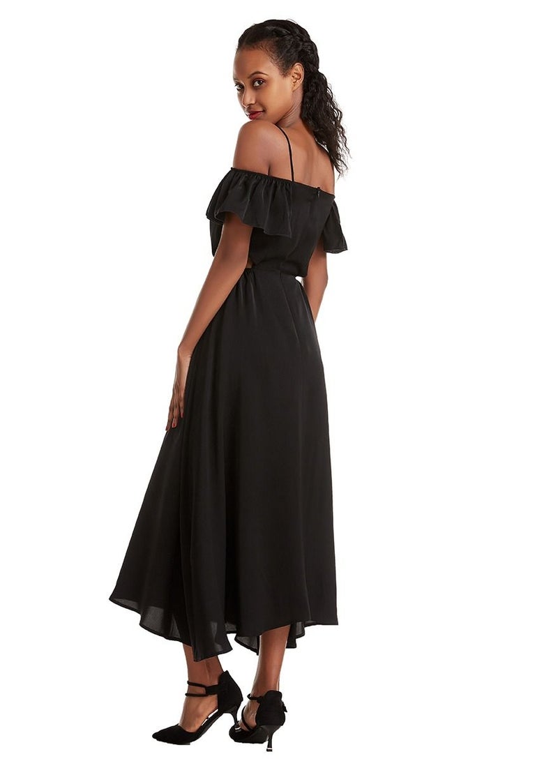 Loquat Women's Solid Color Flounce Long Slip Dress Black - Image 2