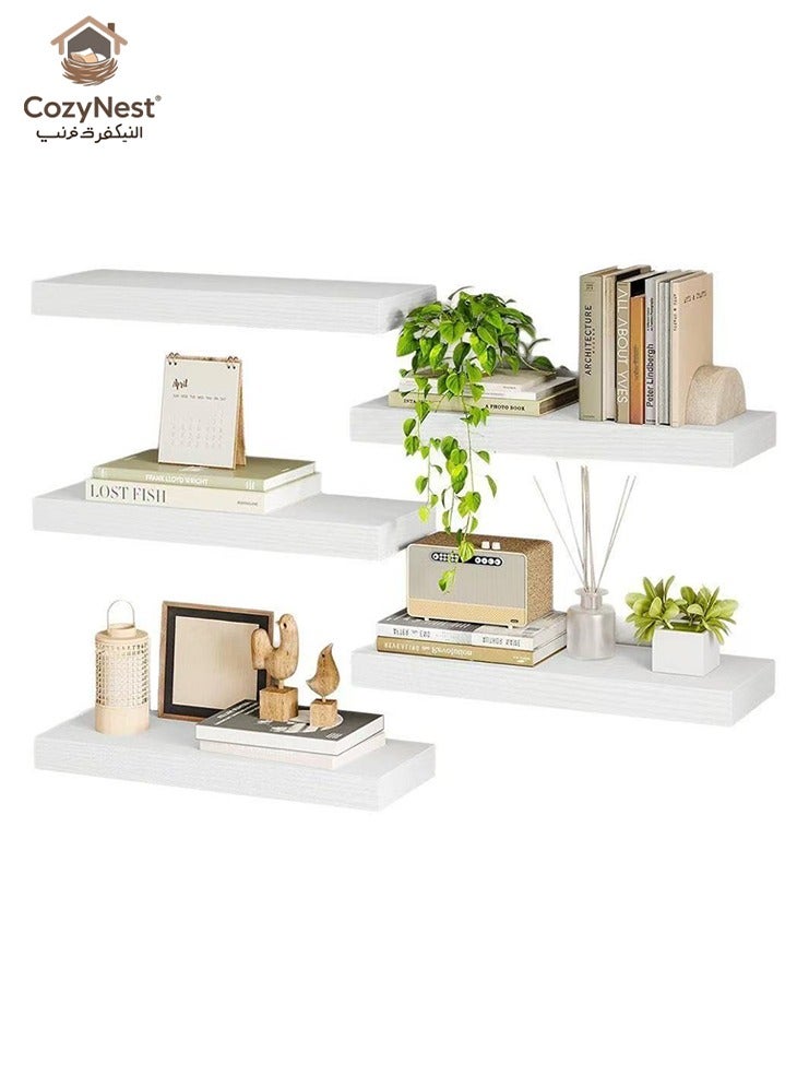 CozyNest Set of 4 White Rustic Floating Wall Shelves with Metal Brackets, Wood Wall-Mounted Storage for Bathroom, Bedroom, Kitchen, or Living Room Decor - Image 2