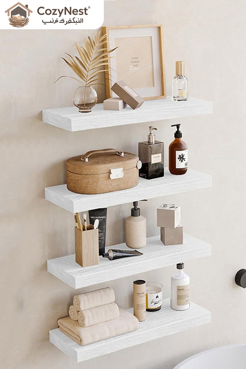 CozyNest Set of 4 White Rustic Floating Wall Shelves with Metal Brackets, Wood Wall-Mounted Storage for Bathroom, Bedroom, Kitchen, or Living Room Decor - Image 3