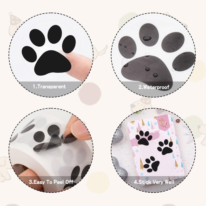 ANWYLL ملصقات Anwyll Paw ملصقات مطبوعة بمخالب شفافة 500 قطعة مقاس 1.5 بوصة ملصقات مطبوعة بمخالب الجرو والكلب والدب ذاتية اللصق وشفافة سوداء لملصقات دورية باو لمغلف عيد الميلاد وتغليف الهدايا - Image 3
