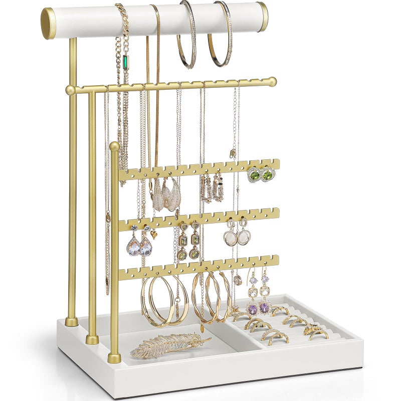 VLANDO Jewelry Stand Organizer with Ring Holder Jewelry Holder Organizer with Tray Necklace Holder Bracket Holder Earring Holder White - Image 2
