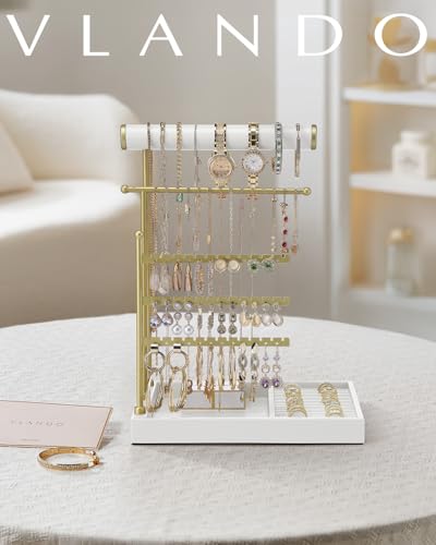 VLANDO Jewelry Stand Organizer with Ring Holder Jewelry Holder Organizer with Tray Necklace Holder Bracket Holder Earring Holder White - Image 3