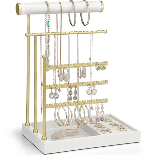 VLANDO Jewelry Stand Organizer with Ring Holder Jewelry Holder Organizer with Tray Necklace Holder Bracket Holder Earring Holder White - Image 1