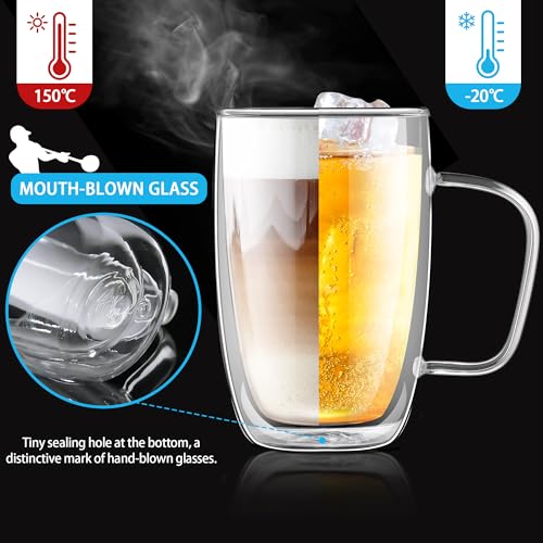 Joeyan Large Clear Double Walled Glass Coffee Mugs 16 oz, Double Layer Tea Latte Cappuccino Glasses Cups with Handle, Double Lined Insulated High Borosilicate Glassware for Hot Drinks, Set of 2 - Image 3