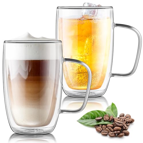 Joeyan Large Clear Double Walled Glass Coffee Mugs 16 oz, Double Layer Tea Latte Cappuccino Glasses Cups with Handle, Double Lined Insulated High Borosilicate Glassware for Hot Drinks, Set of 2 - Image 1