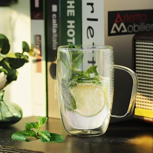 Joeyan Large Clear Double Walled Glass Coffee Mugs 16 oz, Double Layer Tea Latte Cappuccino Glasses Cups with Handle, Double Lined Insulated High Borosilicate Glassware for Hot Drinks, Set of 2 - Image 4