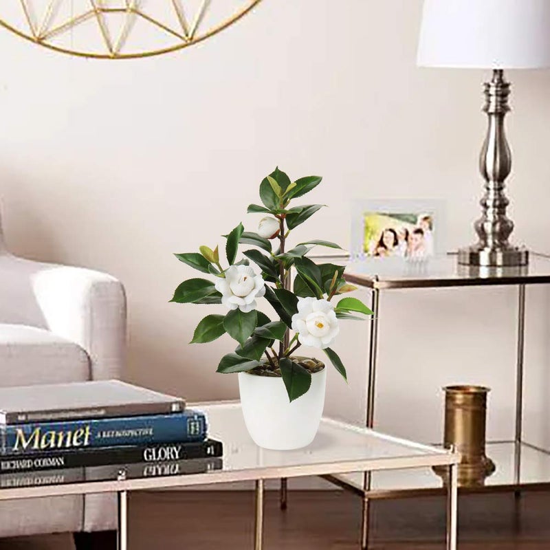 Briful Artificial Plants Mini Camellia Potted Fake Plants Small Faux Plastic Plants Desk Plant Artificial Flowers with Vase for Home Office Desk Kitchen Garden Indoor Decor - Image 2