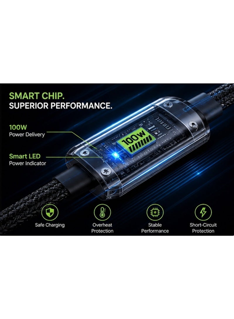 100W Fast Charging Cable 3-in-1 with Smart Display, LED Power Screen USB Cable for iPhone Android Type-C, Nylon Braided - Image 5