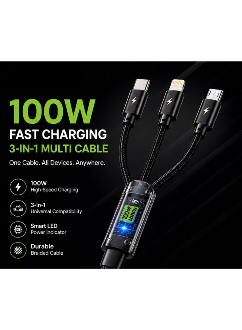 100W Fast Charging Cable 3-in-1 with Smart Display, LED Power Screen USB Cable for iPhone Android Type-C, Nylon Braided - Image 3