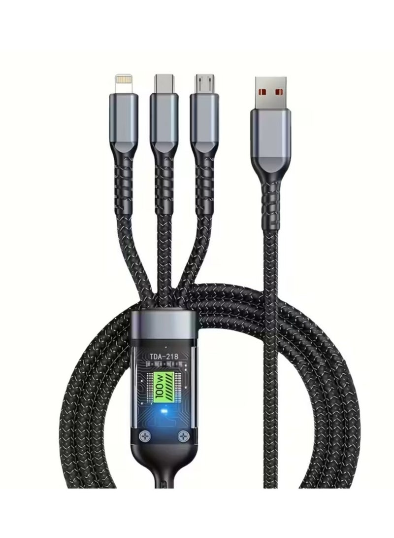 100W Fast Charging Cable 3-in-1 with Smart Display, LED Power Screen USB Cable for iPhone Android Type-C, Nylon Braided - Image 1