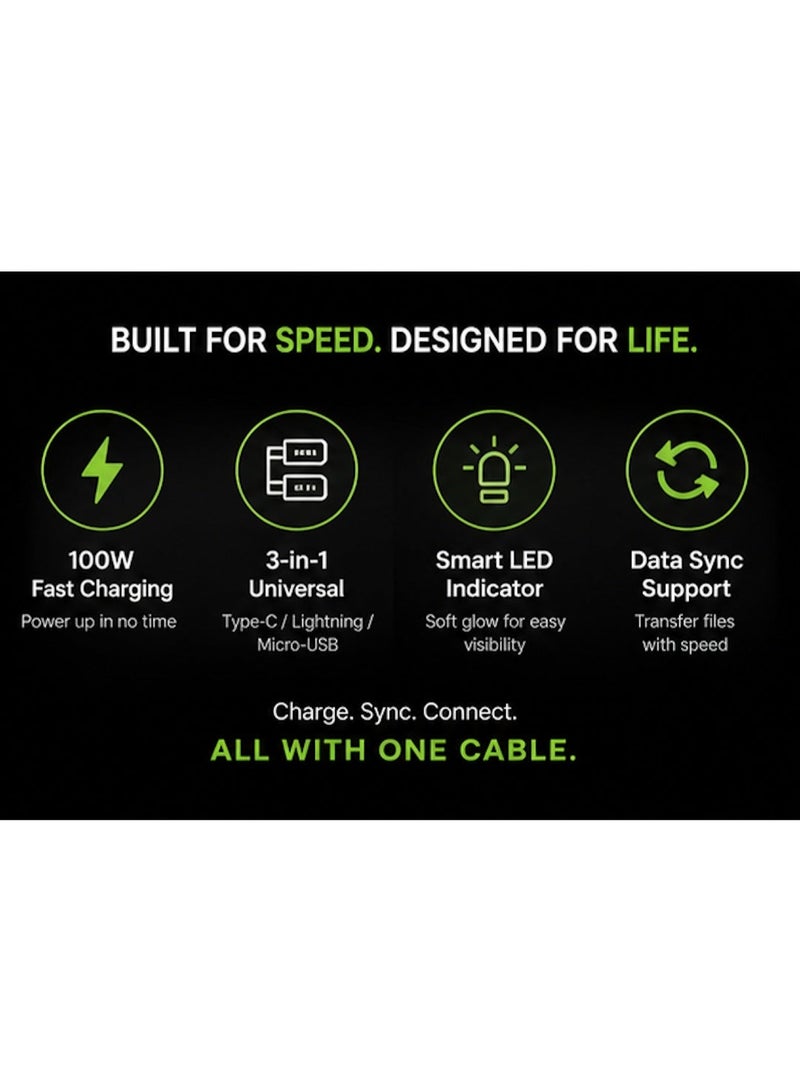 100W Fast Charging Cable 3-in-1 with Smart Display, LED Power Screen USB Cable for iPhone Android Type-C, Nylon Braided - Image 4