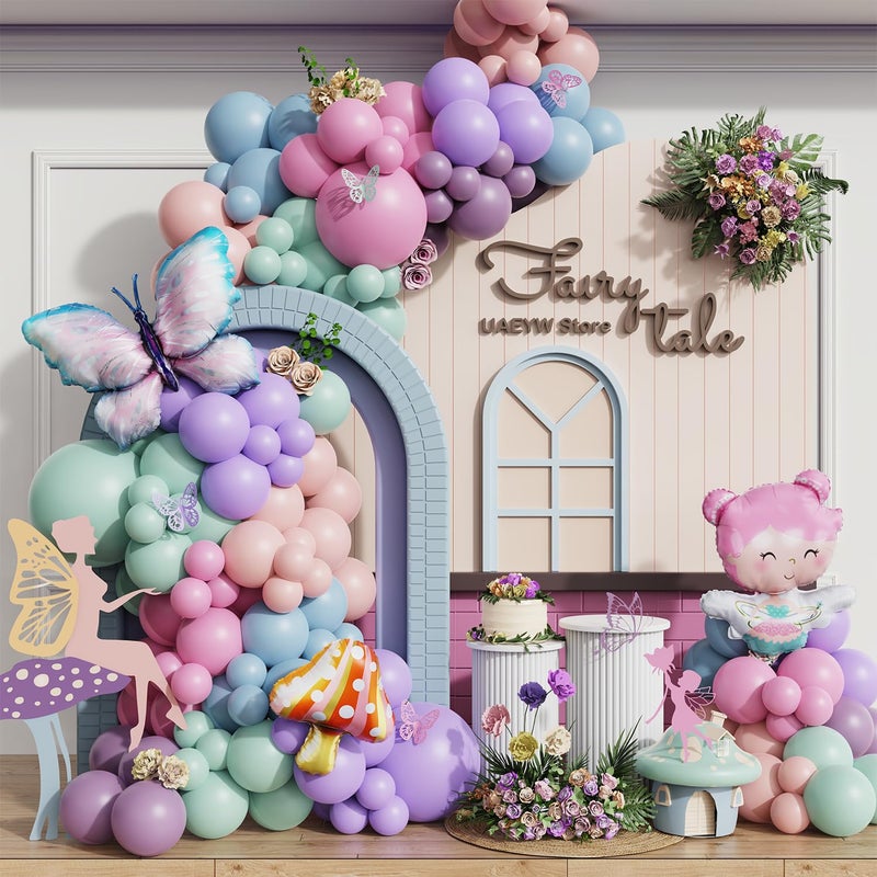 Fairy Wonderland Birthday Party Decorations138Pcs Fairy Butterfly Mushroom Balloon Arch Garland Kit Dusty Pink Purple Blue Green Balloons for Girls Fairytale Spring Garden Tea Party Bride Baby Shower