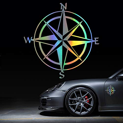 HungMieh Compass Decals, Die-Cut Reflective Car Sticker Off Road with 4 Colors and 2 Sizes Option for Car Window Truck SUV, Holographic Silver, 5.9" - Image 1