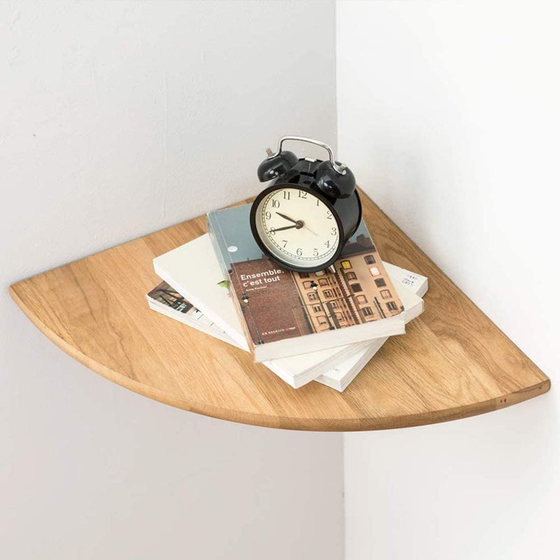 Conamily Corner Shelf,16inch Natural Oak Solid Wood Floating Corner Shelves Wall Mount Round End Floating Speaker Rack with Wire Hole for Small Plant for Bedroom Kitchen, Living Room - Image 1