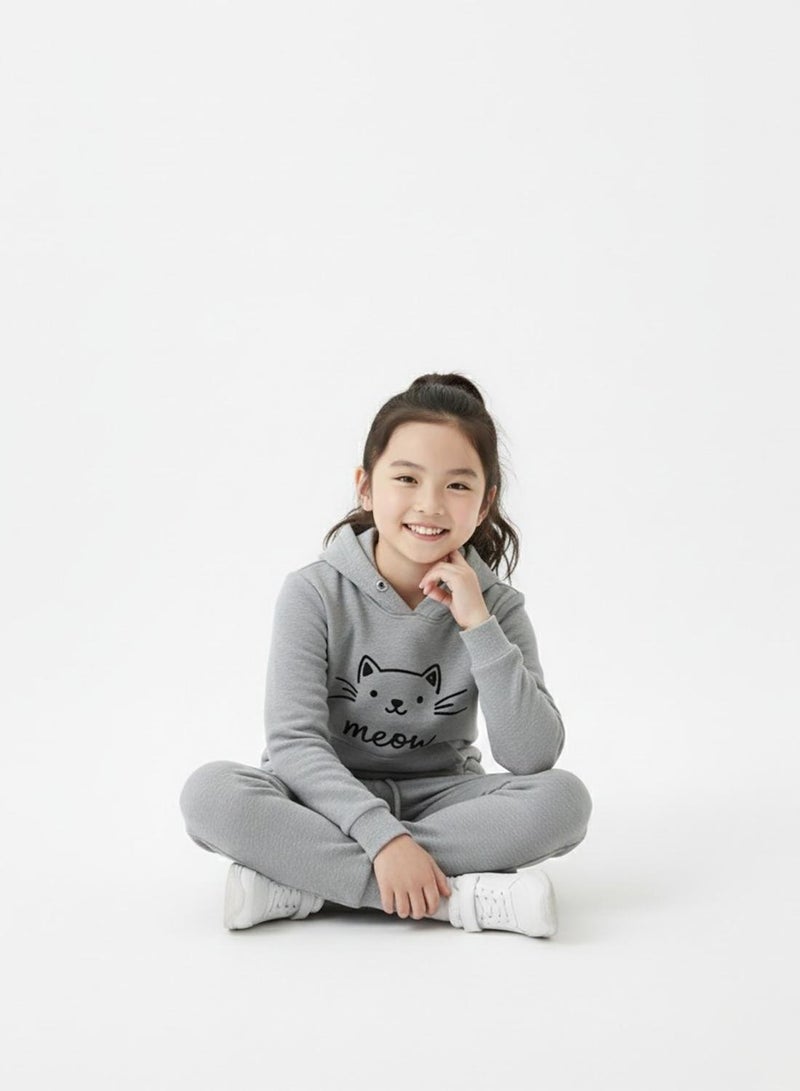 بيبي كلو بدلة رياضية شتوية للبنات بطبعة قطة رمادية - Image 4