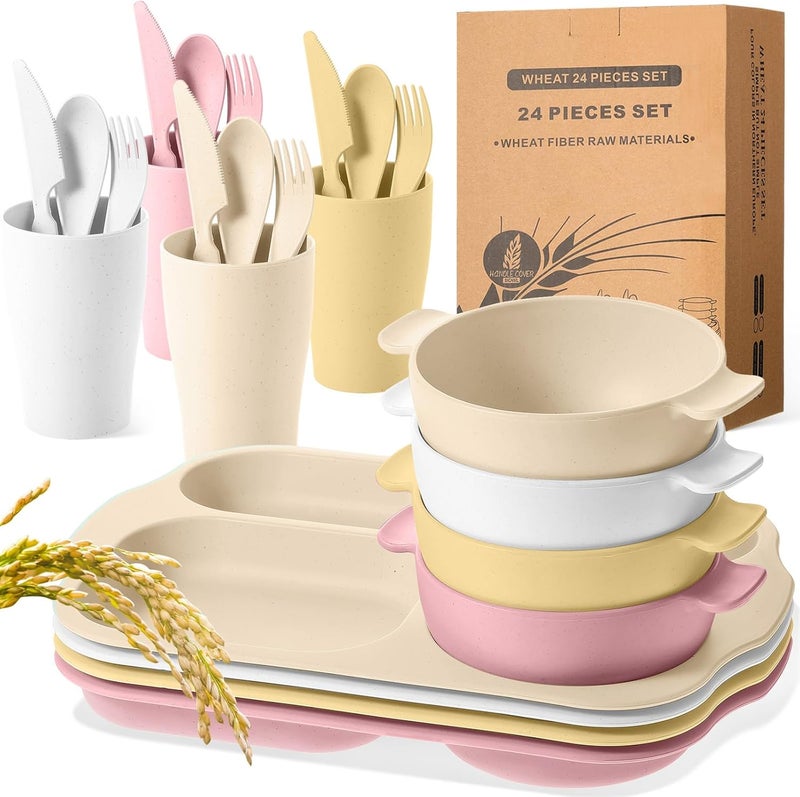 Honoson 24 Pcs Wheat Straw Dinnerware Cutlery Set for Kids Toddler Aldult Including Divided Plates Microwave Dishwasher Safe Bowl Unbreakable Tableware Straw Cutlery Spoon Knife ForkLight Color  - Image 1