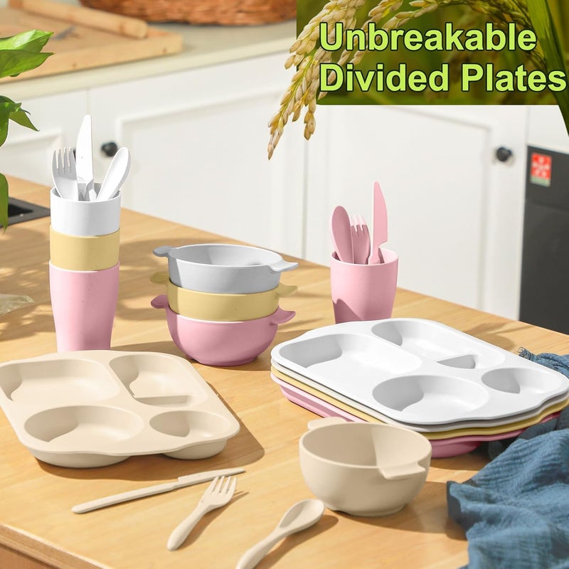 Honoson 24 Pcs Wheat Straw Dinnerware Cutlery Set for Kids Toddler Aldult Including Divided Plates Microwave Dishwasher Safe Bowl Unbreakable Tableware Straw Cutlery Spoon Knife ForkLight Color  - Image 5