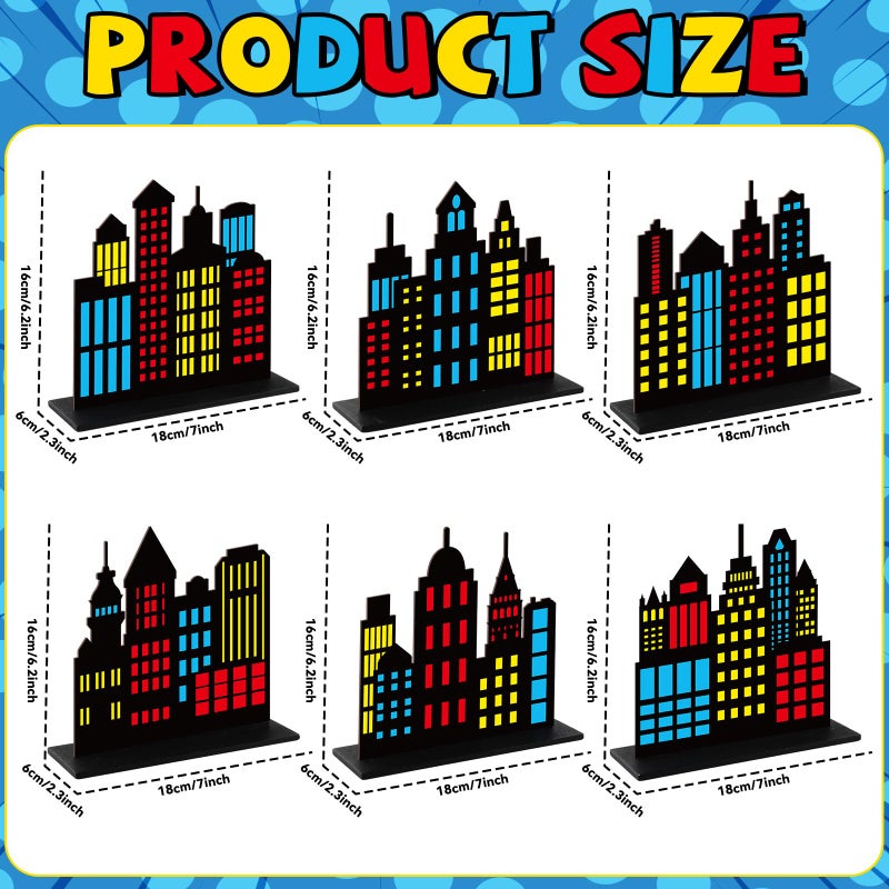 Oitnlaughter 6Pcs Hero Theme Party Decorations Skyscraper Wooden Centerpieces Colorful City Skyline Buildings Silhouette Table Decorations Sign Hero Cityscape Desk Decor for Comic Birthday Baby Shower Supplies - Image 2